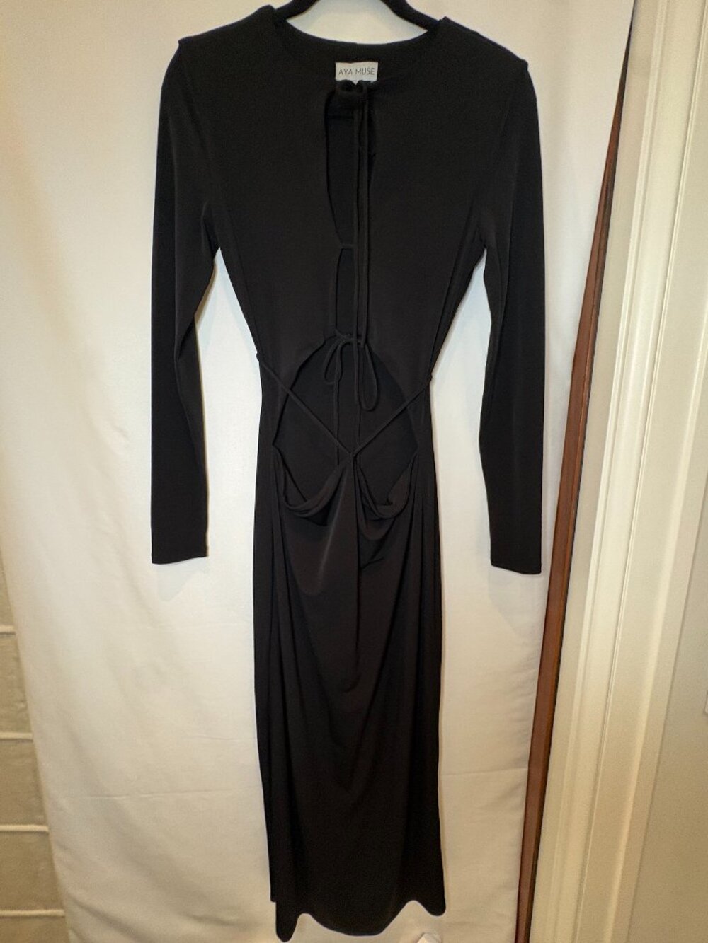 Aya Muse Black Long-Sleeve Midi Dress with Front Tie Detail